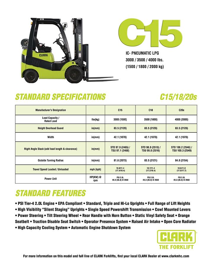 New Clark C15 IC Combustion LPG Propane Pneumatic Tires 3000lbs Capacity