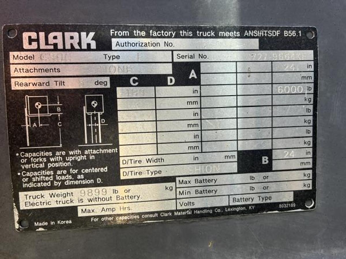 Used Clark IC-Cushion Tires 6,000lbs Capacity