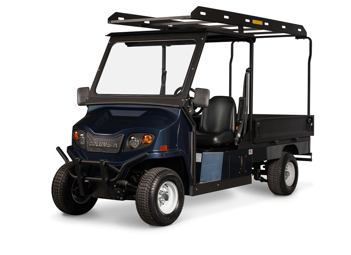 Columbia Utilitruck electric utility vehicle with cab and ladder rack