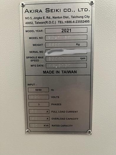 Used 2021 Akira Seiki V2.5 XP CNC Vertical Machining Center