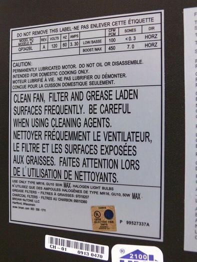 Used BROAN-NUTONE QP342BL 42" UNDER CABINET RANGE HOOD