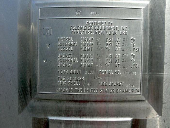 Used Feldmeier 4500 Liter 316L SS Jacketed Reactor w/ Agitator 30 PSI FV &100 PSI