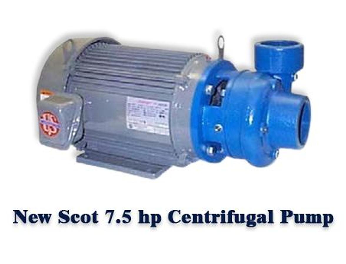New Scot 7.5 hp centrifugal pump, Model 15, TEFC motor, 220 gpm @ 41 psi, 3” Connections