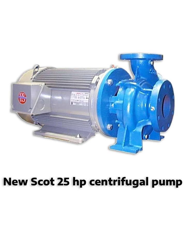 New Scot 25 hp centrifugal pump, Model 57F, TEFC motor, 675 gpm @ 48 psi, 4" in / 3" out