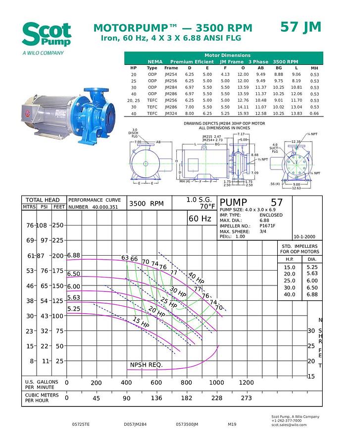 New Scot 25 hp centrifugal pump, Model 57F, TEFC motor, 675 gpm @ 48 psi, 4" in / 3" out