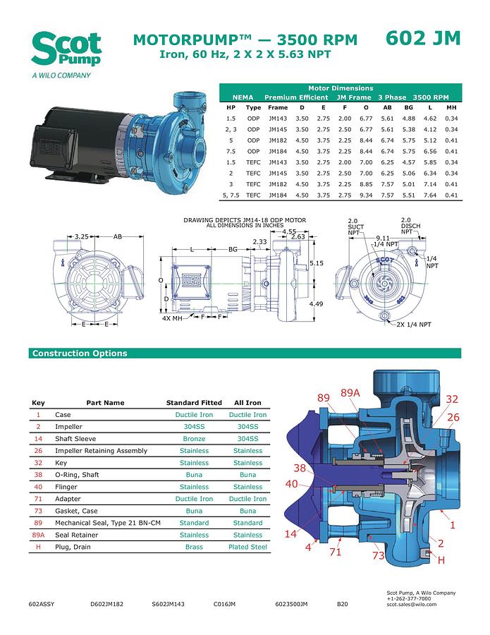 New Scot 5 hp centrifugal pump, Model 602, TEFC motor, 115 gpm @ 51 psi, 2” Connections