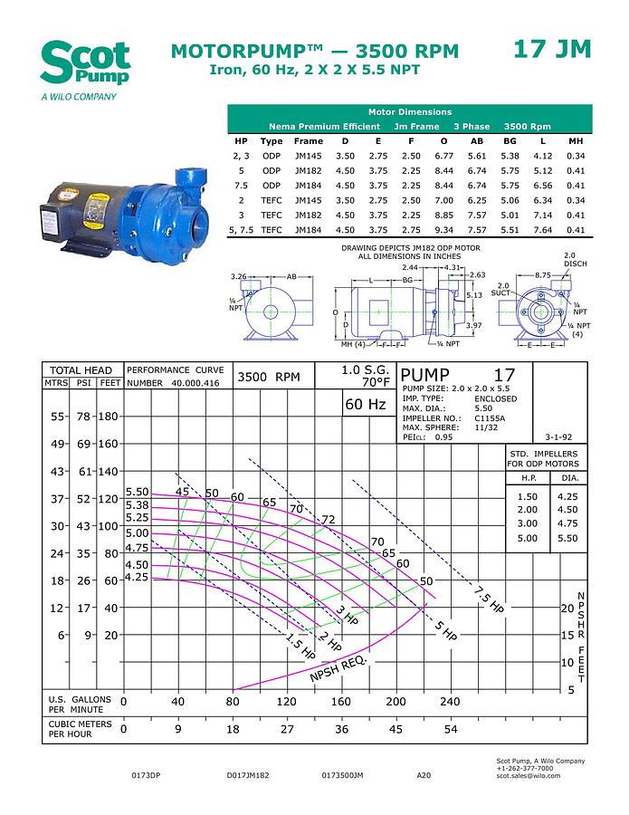 New Scot 7.5 hp centrifugal pump, Model 17, TEFC motor, 220 gpm @ 41 psi, 3” Connections