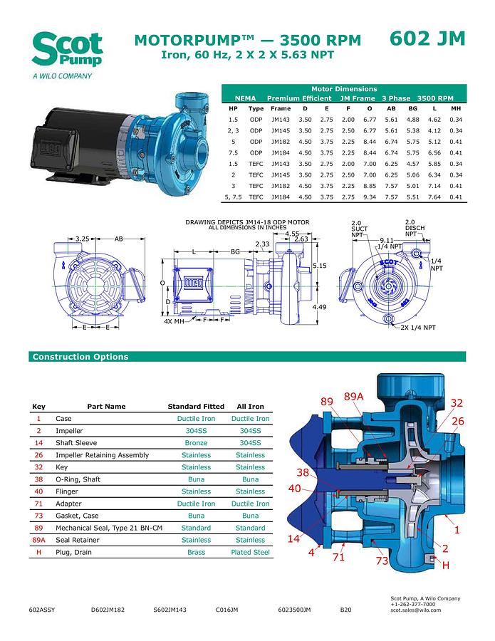 New Scot 3 hp centrifugal pump, Model 602, TEFC motor, 55 gpm @ 36 psi, 2” Connections