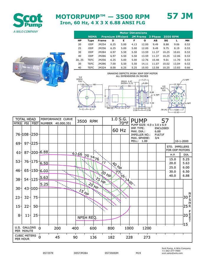 New Scot 25 hp centrifugal pump, Model 57F, TEFC motor, 675 gpm @ 48 psi, 4" in / 3" out