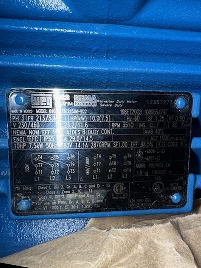 New Scot 10 hp centrifugal pump, Model 15 TEFC motor 220 gpm @ 47 psi, 3” Connections