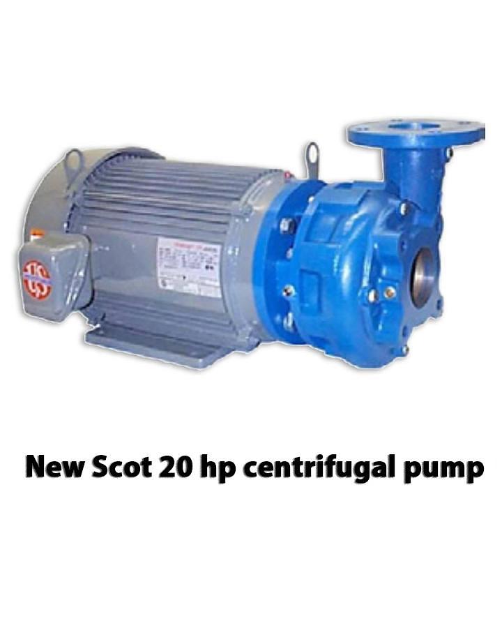New Scot 20 hp centrifugal pump, Model 57, TEFC motor, 575 gpm @ 43 psi, 3" out Connections