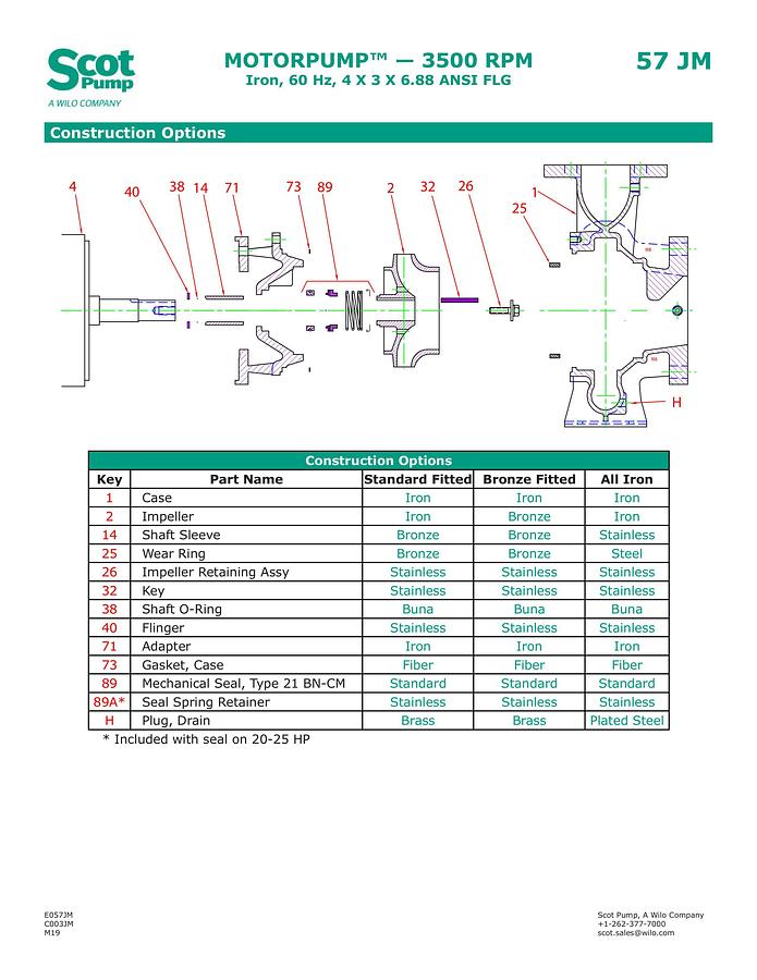 New Scot 25 hp centrifugal pump, Model 57F, TEFC motor, 675 gpm @ 48 psi, 4" in / 3" out
