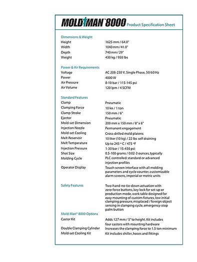 Used Qty (3) Moldman Low Pressure Molding Machines (1) 8200 & (2) 8000's.  TESTED