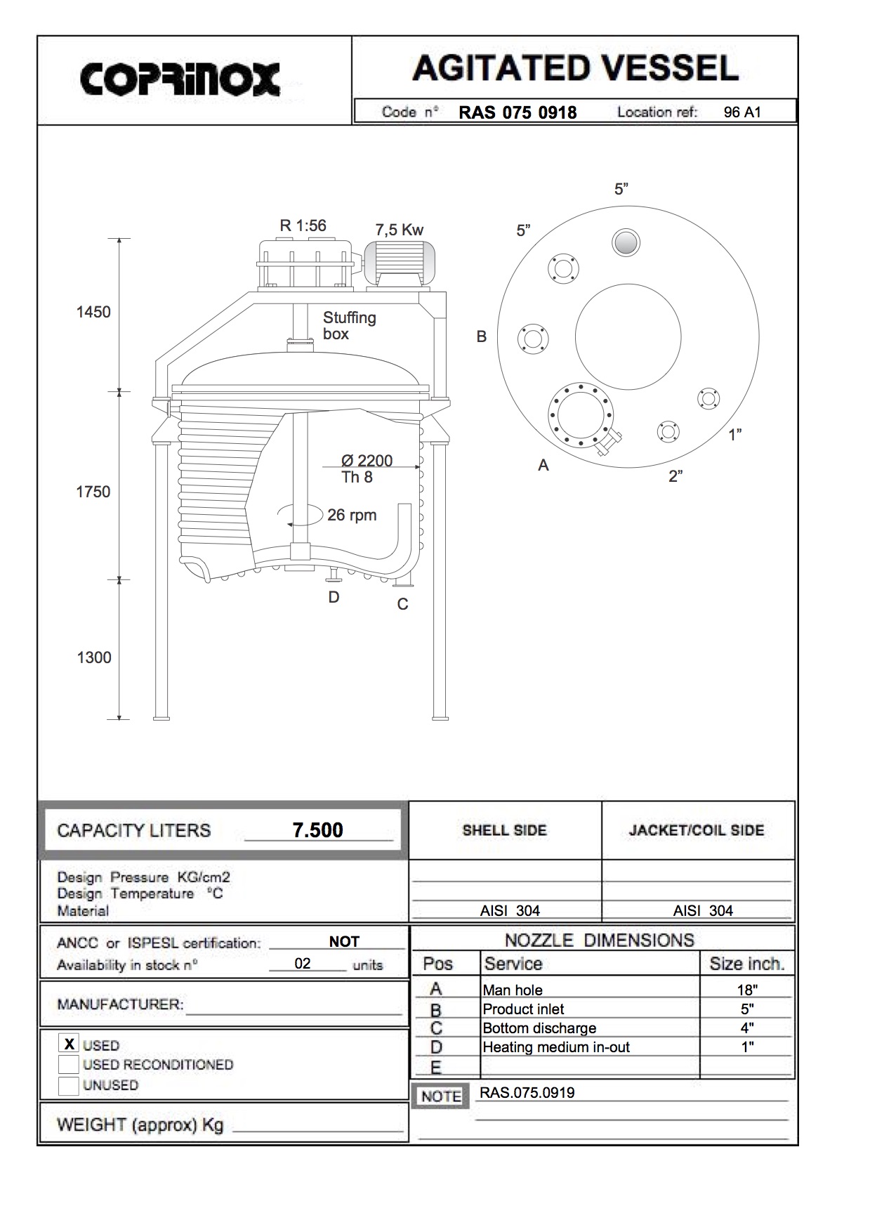 Used Reattore  da 7500 Litri