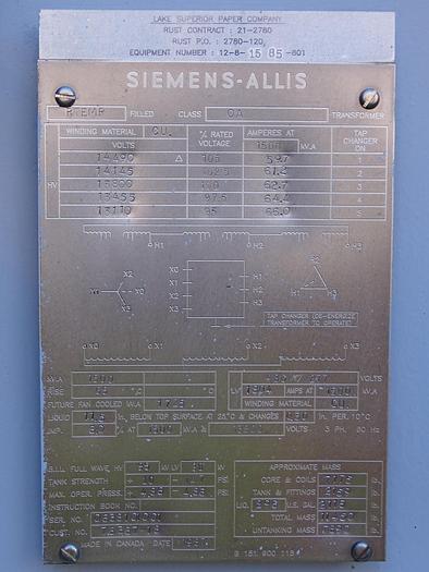 Used 15000 KVA SIEMENS-ALLIS TRANSFORMER SUBSTATION 480V/277