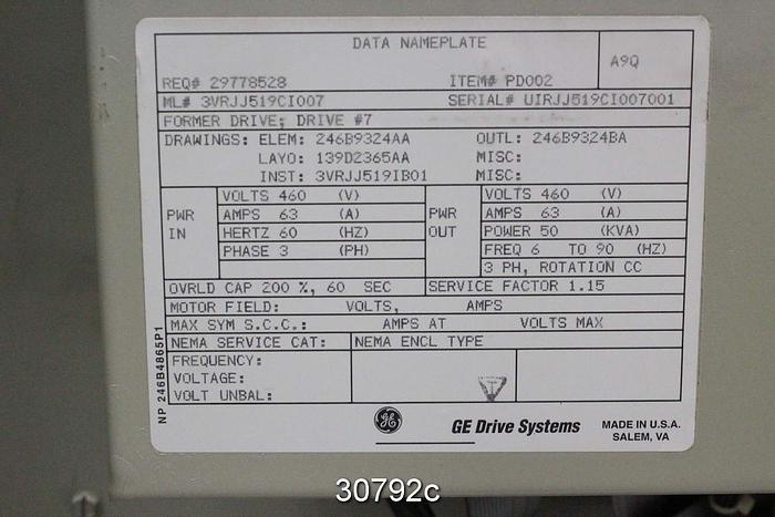 Used General Electric AC2000 Adjustable Speed Drive 3VRJJ519CI007 #30792