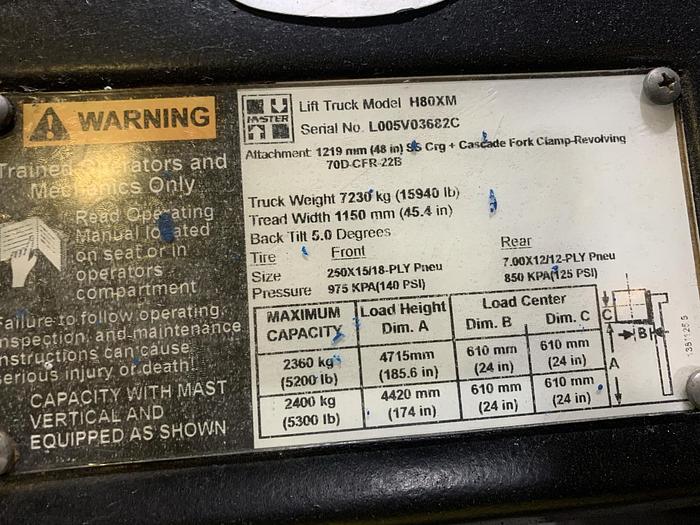 Used 8,000 POUND HYSTER H80XM FORKIFT 2005 PNUEMATIC TIRES 1,650 HOURS