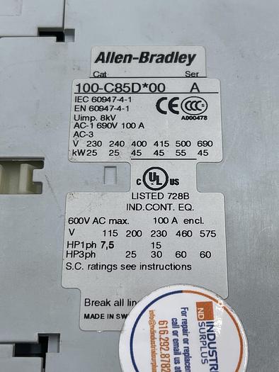 Used Allen-Bradley 100-C85D*00 Ser A 
