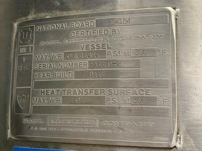 Used Paul Mueller 1100 Liter- F Stainless Steel Triple Jacketed Reactor 50 PSI