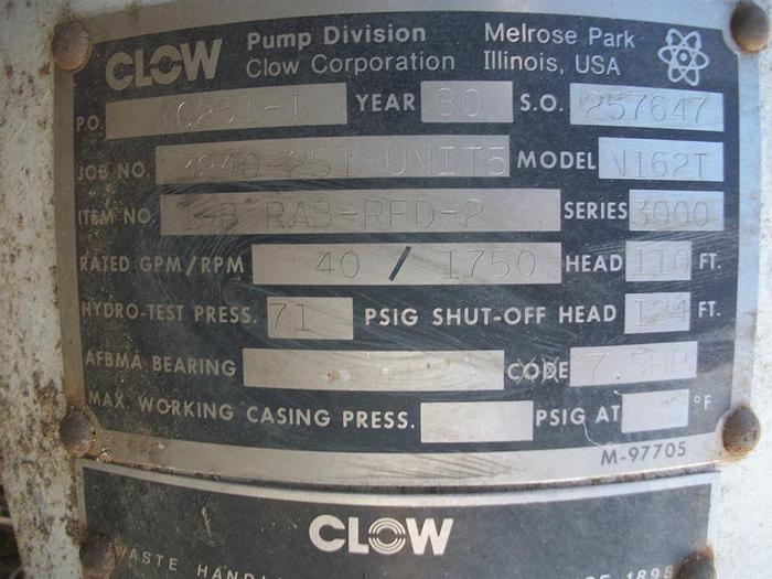 Used Pump, Sump, 7.5 HP, Clow, 316 S/st, 40 GPM, Mdl V-162T (2) #S741520