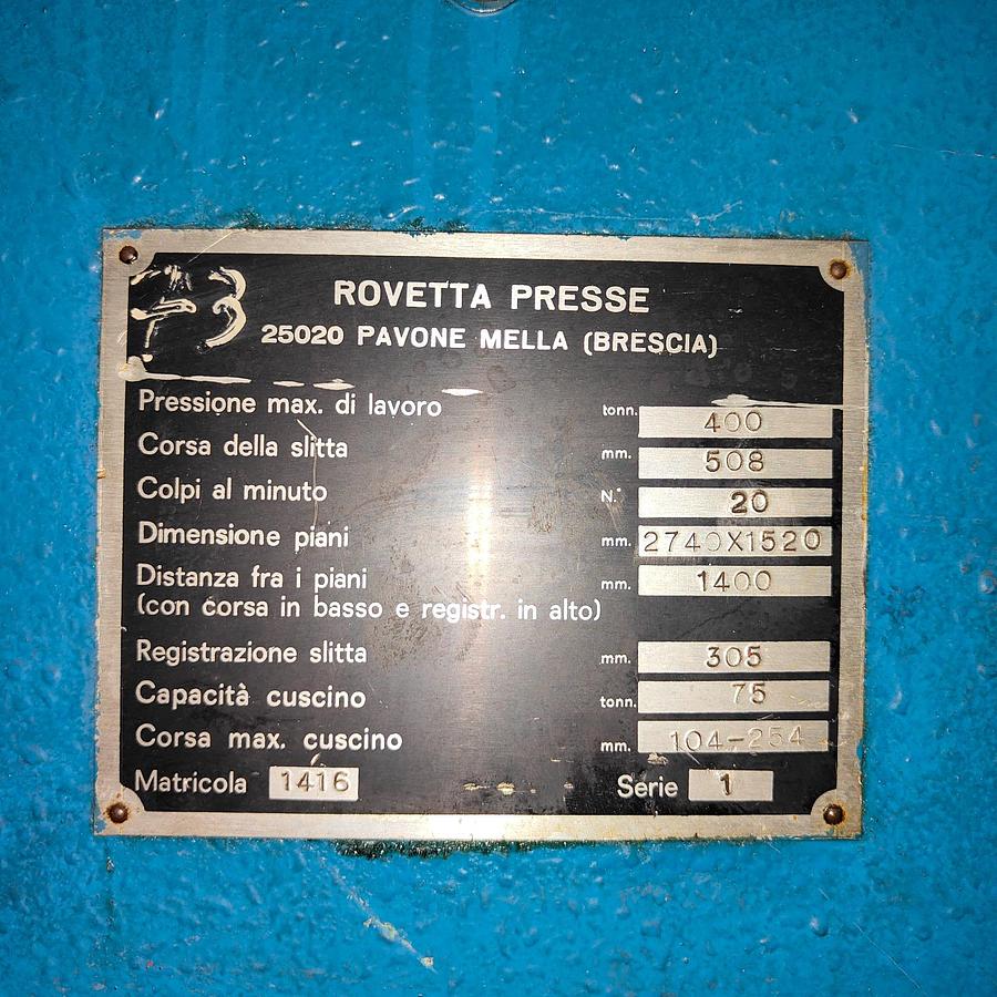 Usato X2  ROVETTA 400 Ton Mechanical Press MB – 2740 x 1520 mm - with cushion