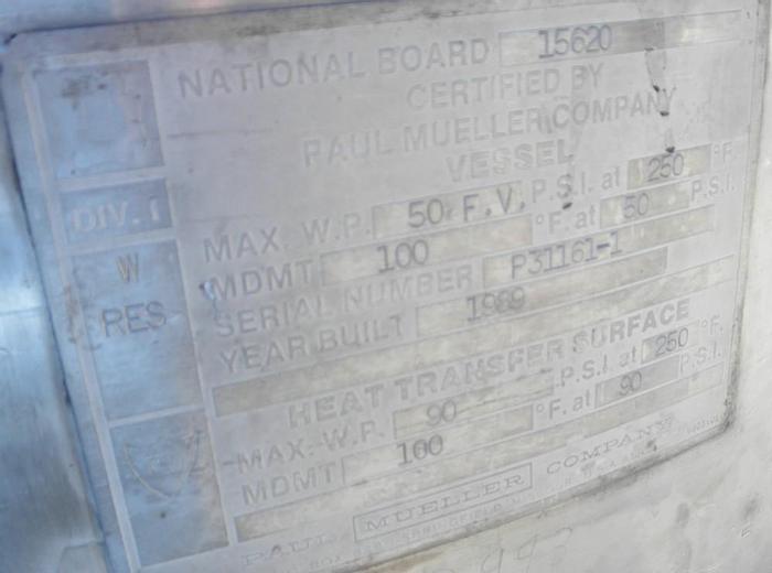 Used Reactor, 211 Gallon, S/st, Jkt, Agit, Mueller, 50 PSI/FV #C738351