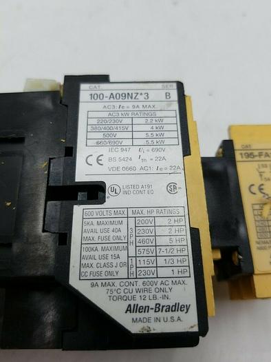 Used Allen-Bradley 100-A09NZ*3 Ser. B 195-FA11 Ser A