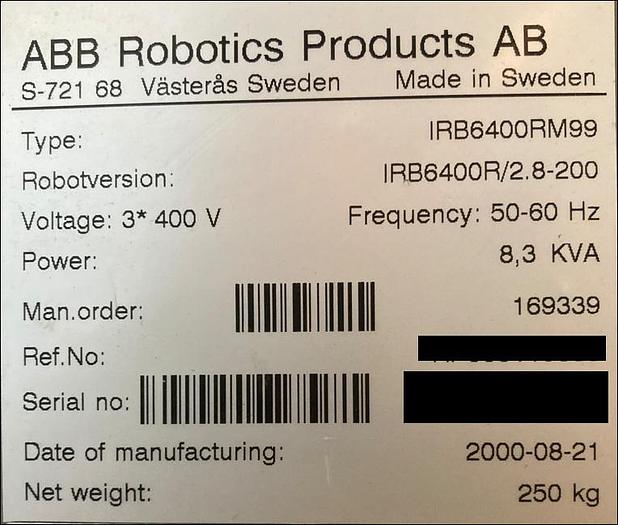 Used 2000 ABB IRB6400R/2.8-200