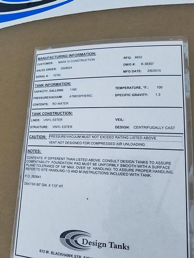 Used Tank, 1,165 Gallon, FRP, 58" X 94", Design Tanks #S742633