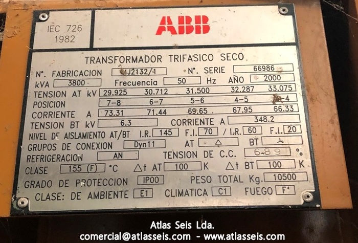 Used ABB 3 phase Dry-type Transformer 3800 kVA / 30000 V to 6300 V / 50 Hz