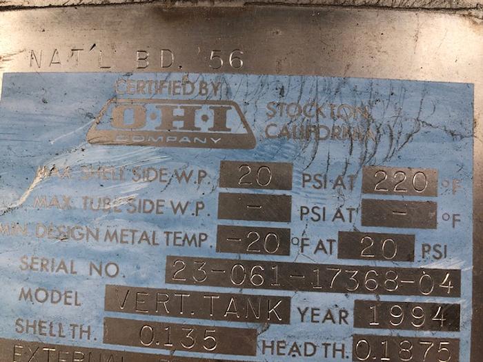 Used OHI 400 Gallon Vertical Stainless Steel Tank