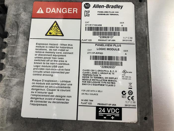 Used ALLEN BRADLEY PANELVIEW PLUS 1500 SERIES A WITH COLOR TOUCH AND LOGIC MODULE