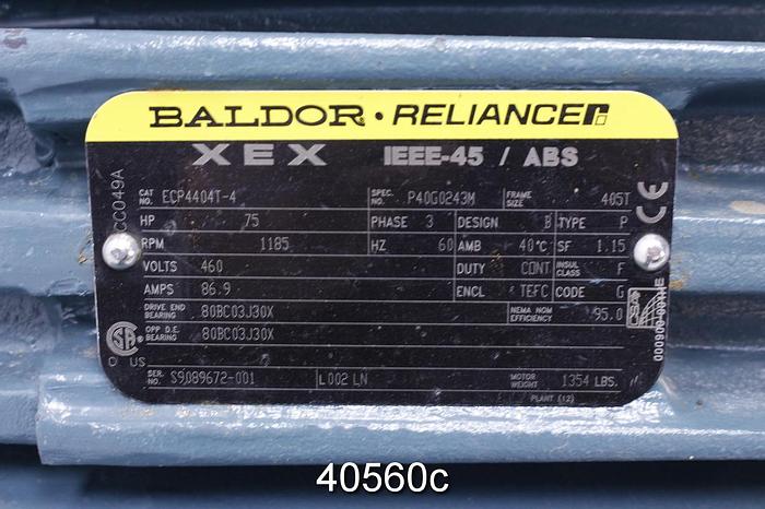 Used Baldor 75 HP AC Motor, 1185 RPM, 460 Volt #40560