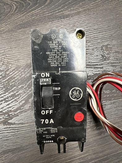 Used TEY270 GE 70 Amp 480V 2 Pole Bolt On Circuit Breaker TEYASAB Aux Switch