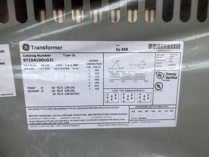 GE 15 KVA Transformer 480X208/120V 3 Phase 9T10A1001G31  Dry Type New