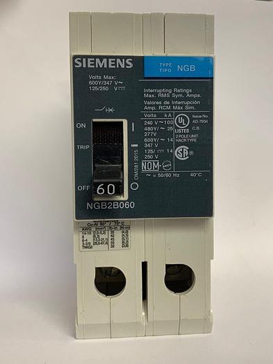 Used NGB2B060 Siemens 60 Amp 600V 2 Pole Bolt On Circuit Breaker