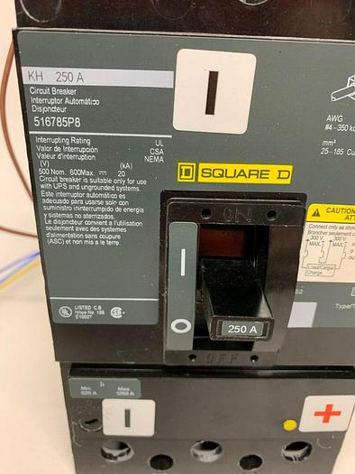 Used 516785P8 Square D KH 250 Amp 600V 3 Pole UPS Circuit Breaker 24V UVR Aux Switch