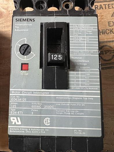 Used ED63A125 Siemens 125 Amp 600V 3 Pole Motor Circuit Interrupter Circuit Breaker