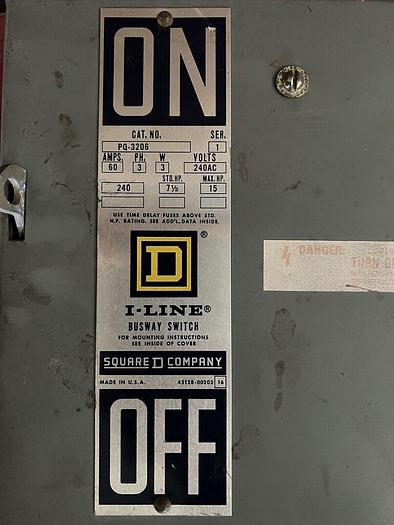 Used PQ3206 Square D 60 Amp 3 Pole 3W 240V Bus Plug Switch