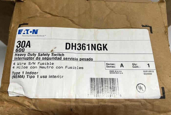 DH361NGK Cutler Hammer 30 Amp 600V 3P 4W Fusible Nema 1 Indoor Disconnect Switch