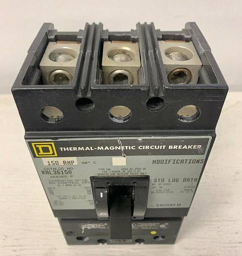 Used KAL36150 Square D 150 Amp 600V 3 Pole Feed Thru Circuit Breaker Line & Load Lugs