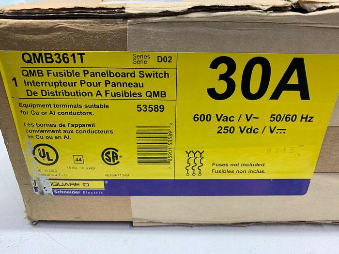 QMB361T Square D 30 Amp 600V 3 Pole Fusible Panelboard Switch QMB Fusible