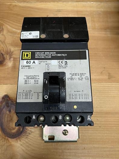 Used FA34060 Square D 60 Amp 480V 3 Pole I-Line Circuit Breaker