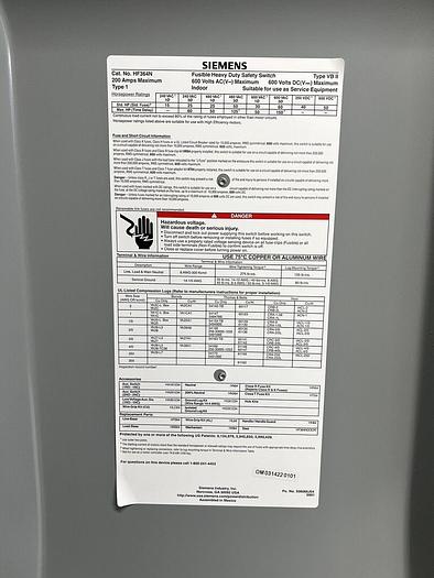 Used Up To 7: HF364N Siemens 200 Amp 600V 3P 4W Fusible Indoor Disconnect Switch