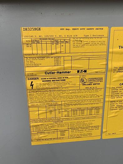 Used DH325NGK Cutler Hammer 400 Amp 240V 3P 4W Fusible Indoor Rated Disconnect Switch 782113207063