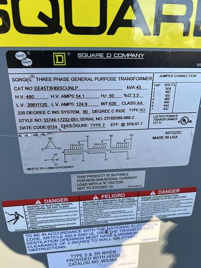Used EE45T3HBISCULP Square D 45 KVA 480X208/120V Dry Type Transformer