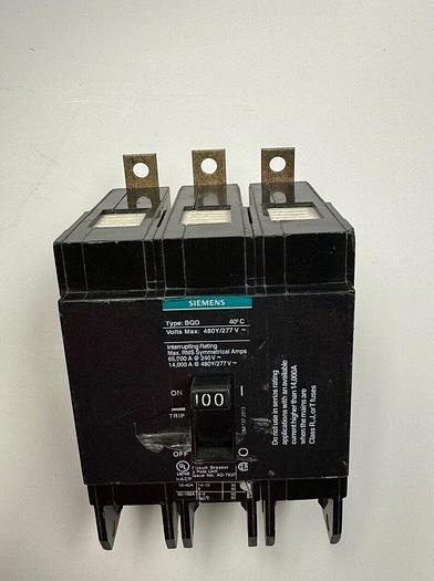 Used BQD3100 Siemens 100 Amp 480V 14kA@480V 3 Pole Bolt On Circuit Breaker 783643277465