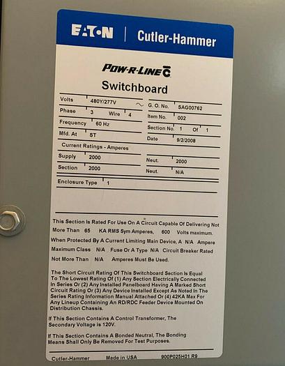 Cutler Hammer 2000 Amp 480V 3P 4W 7 Jaw Meter Socket Section Switchgear Metering