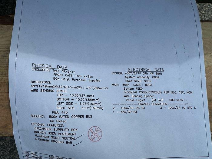 Square D 800 Amp 480/277V Main Lug Panel Type HCJ HCJ3248WP Nema 3R New