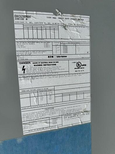 Used DH328NRK Cutler Hammer 1200 Amp 240V 3P 4W Fusible Nema 3R Outdoor Rated